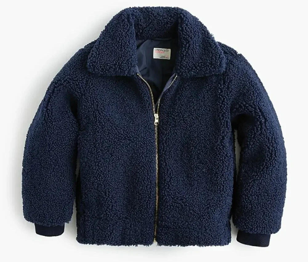 J Crew Crewcuts Unisex Navy Collared Sherpa Fleece Bomber Jacket Kids Sz 8
